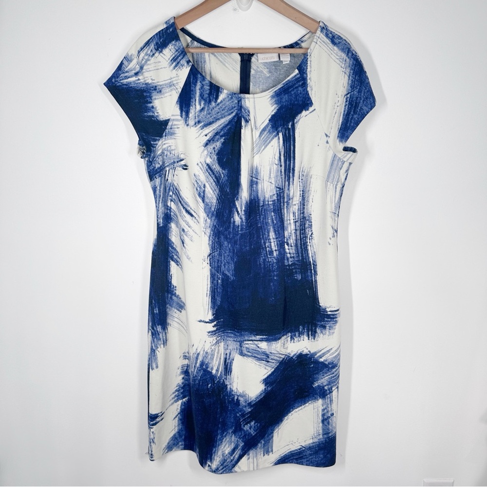 Chicos Blue Print Shift Dress Size 2.5 Large Knit Short Sleeve Knee Length 14 W1 - Picture 1 of 6